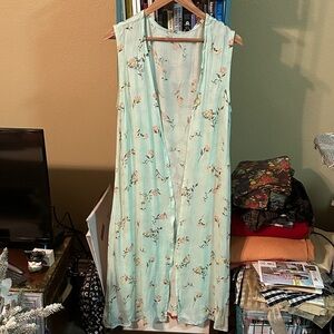 Light Green Floral Sleeveless Long Duster Vest